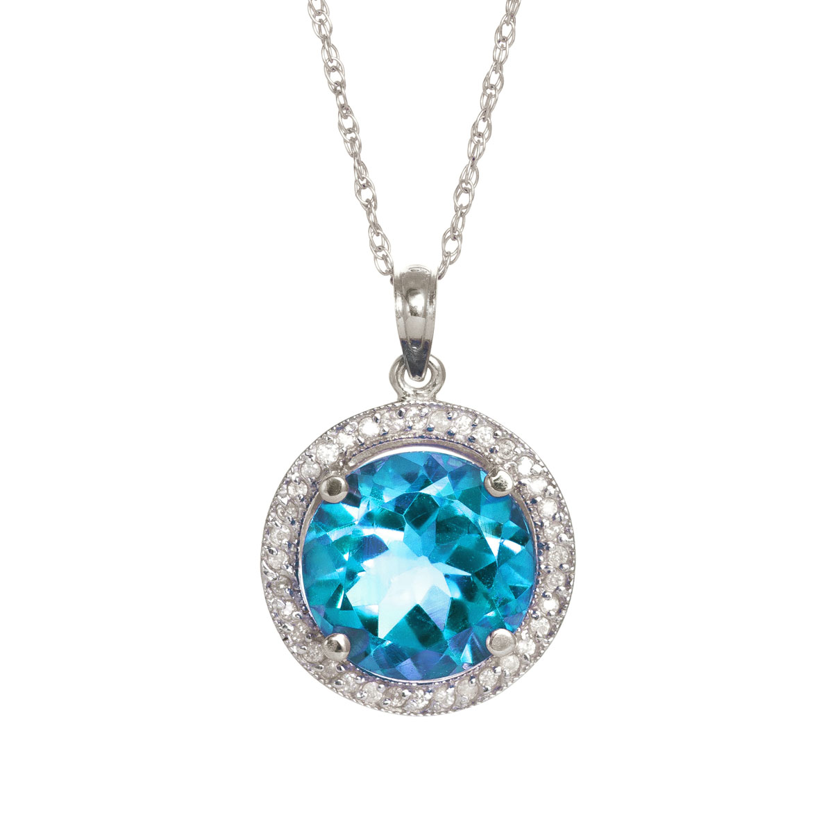 Blue Topaz Halo Pendant Necklace 8 ctw in 9ct White Gold