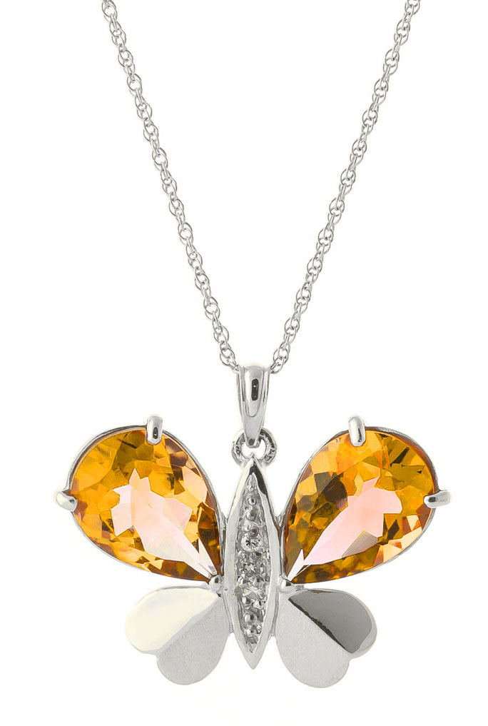 Citrine & Diamond Butterfly Pendant Necklace in 9ct White Gold