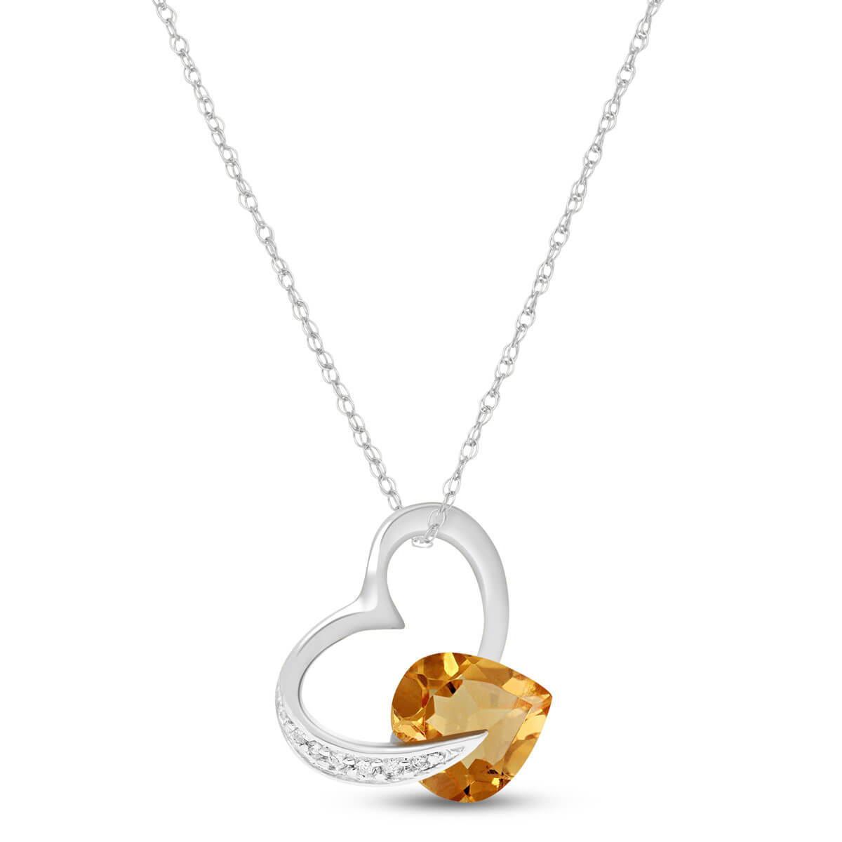 Citrine & Diamond Heart Pendant Necklace in 9ct White Gold