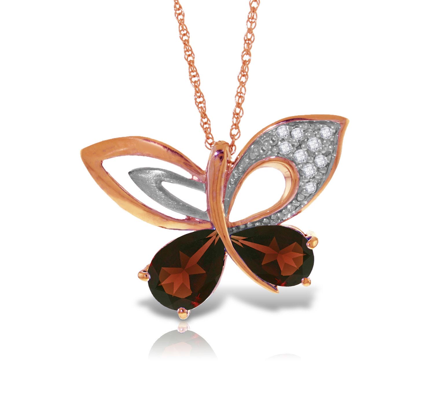 Garnet & Diamond Butterfly Pendant Necklace in 9ct Rose Gold