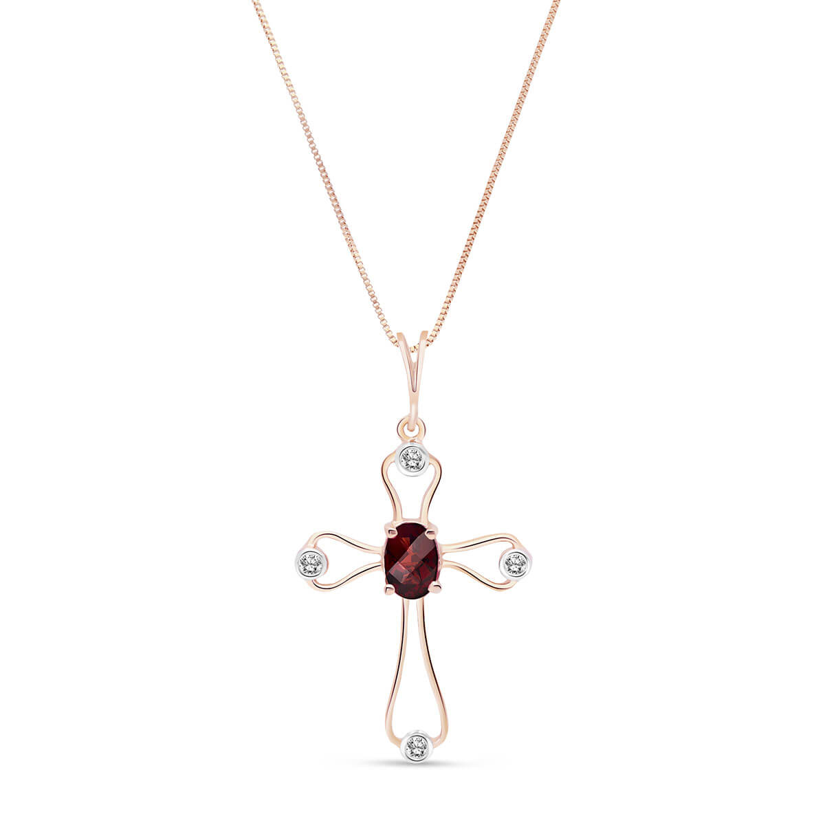 Garnet & Diamond Venetian Cross Pendant Necklace in 9ct Rose Gold
