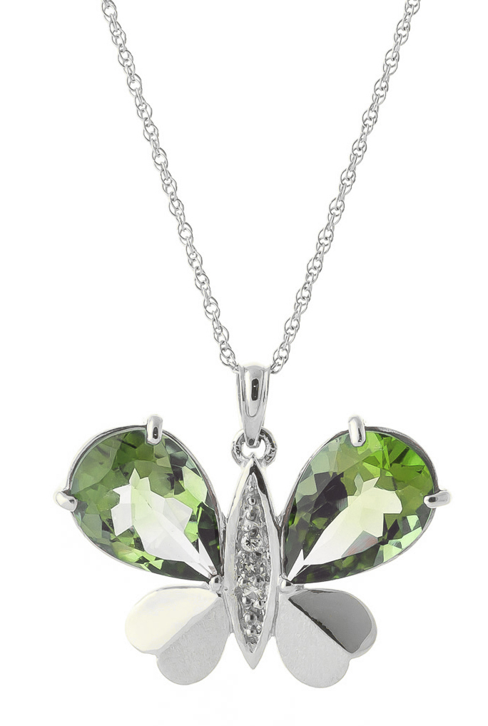 Green Amethyst & Diamond Butterfly Pendant Necklace in 9ct White Gold