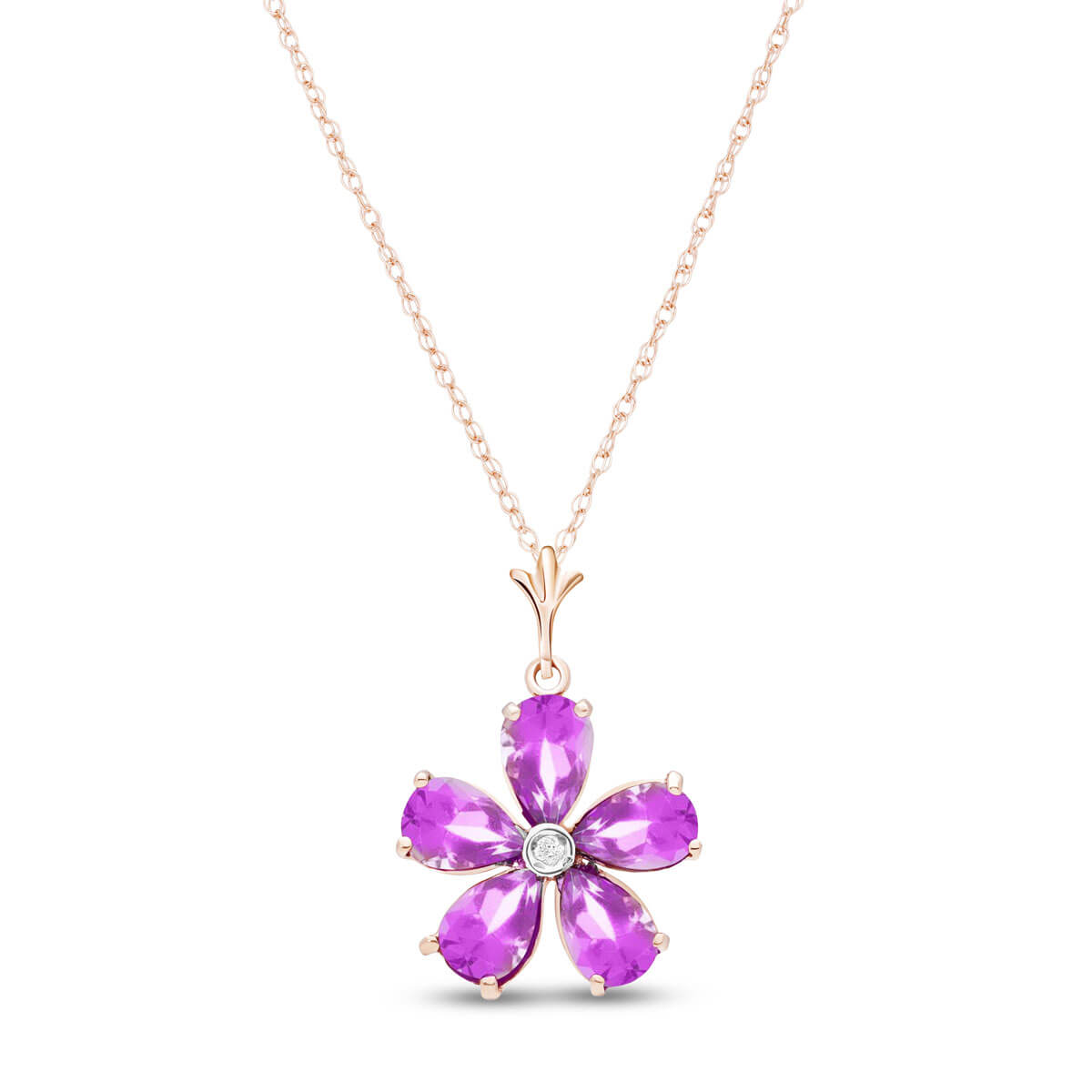 Pink Topaz & Diamond Flower Petal Pendant Necklace in 9ct Rose Gold