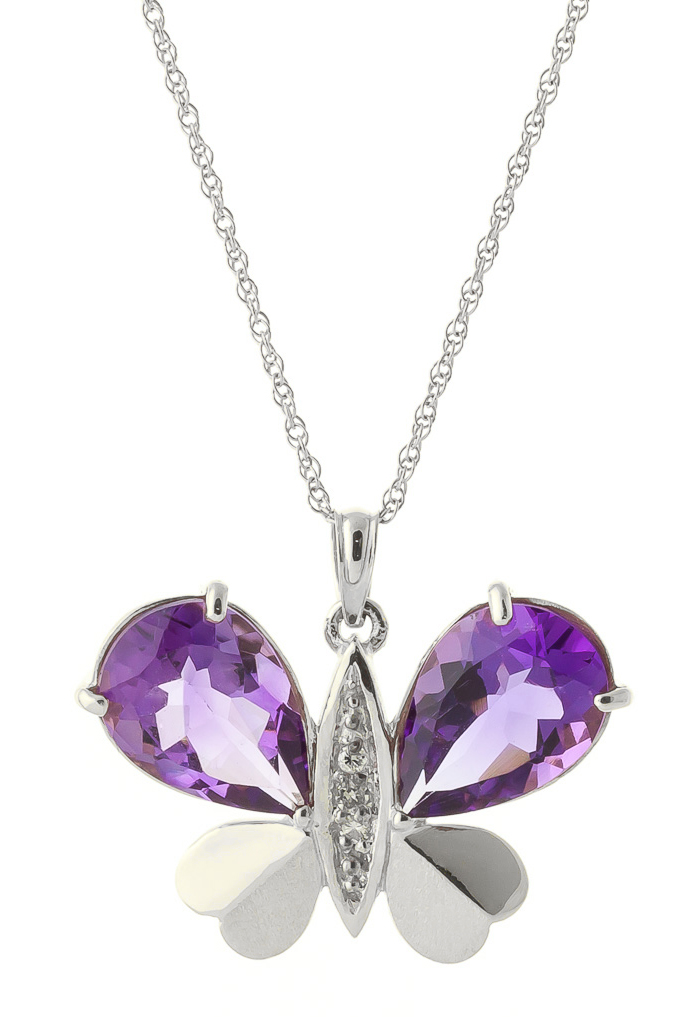Amethyst & Diamond Butterfly Pendant Necklace in 9ct White Gold