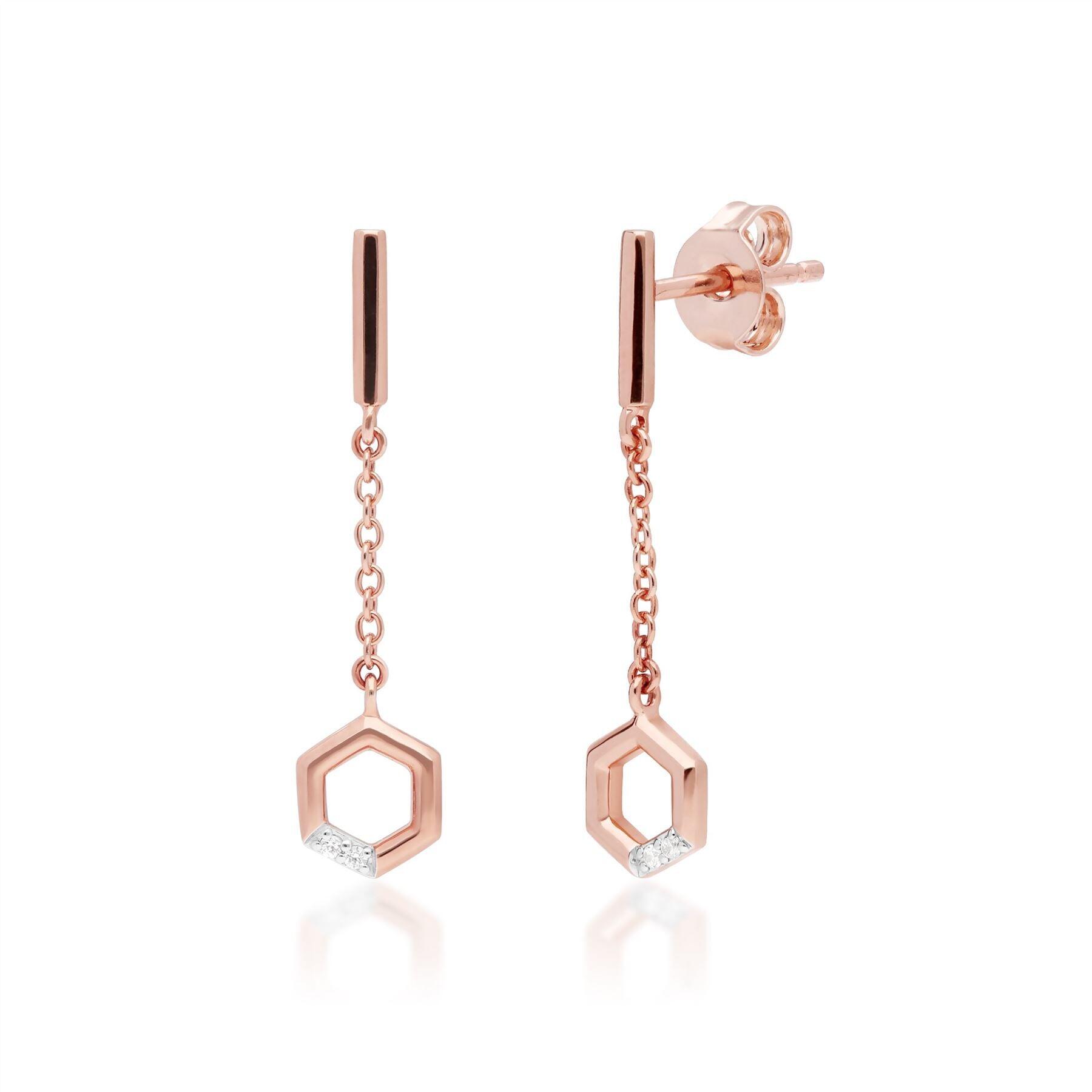 Diamond Pave Hexagon Dangle Drop Chain Earrings in 9ct Rose Gold