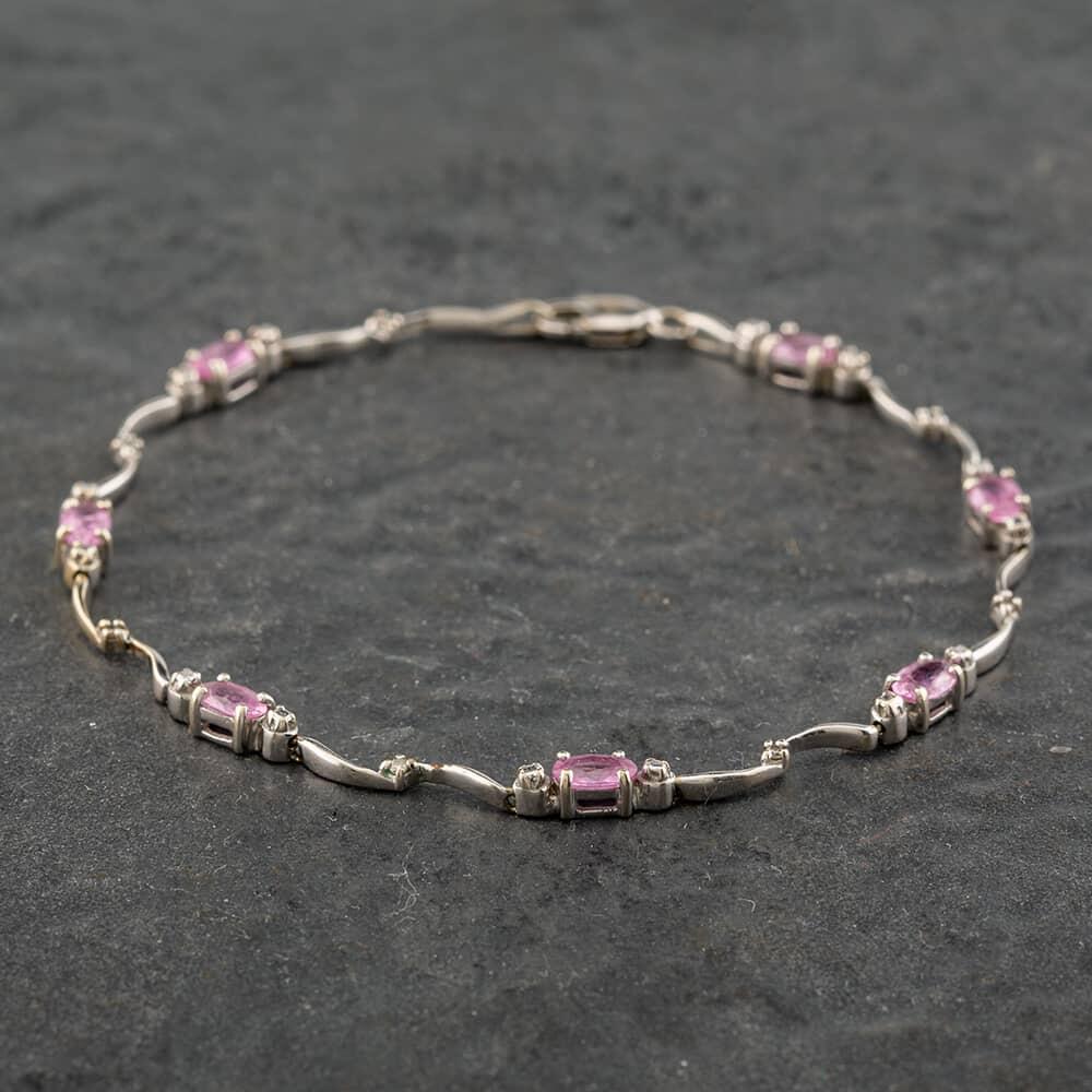 Pre-Owned 14ct White Gold Brilliant Cut Diamond And Oval Cut Pink Sapphire Fancy Bracelet 4128083