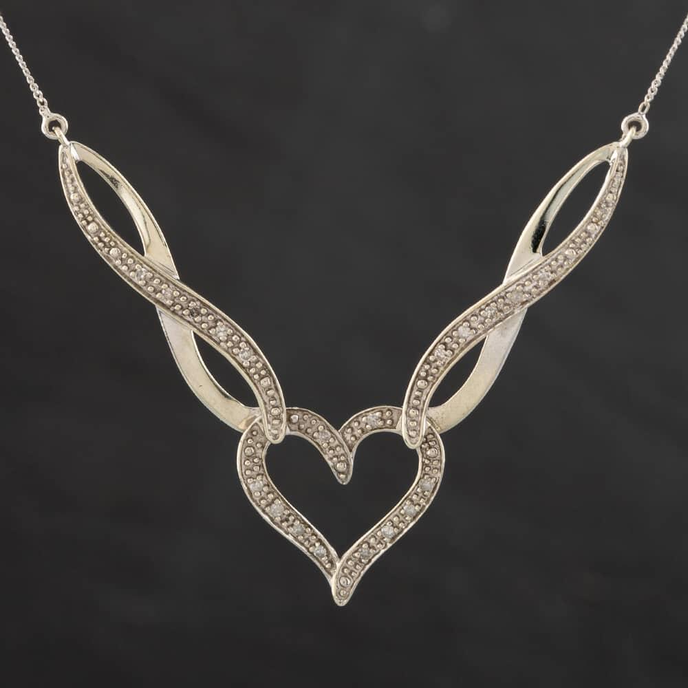 Pre-Owned 9ct White Gold Diamond Open Heart Gemstone Pendant &amp; 20 Inch Chain Gemstone 4114042