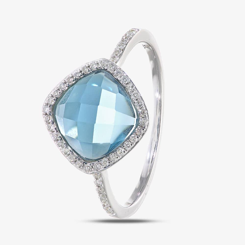9ct White Gold Blue Topaz Cushion Diamond Set Shoulder Ring DR1503W BT O