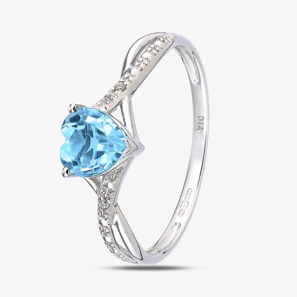 9ct White Gold Heart Cut Blue Topaz Diamond Set Shoulder Ring PR12710WBT K