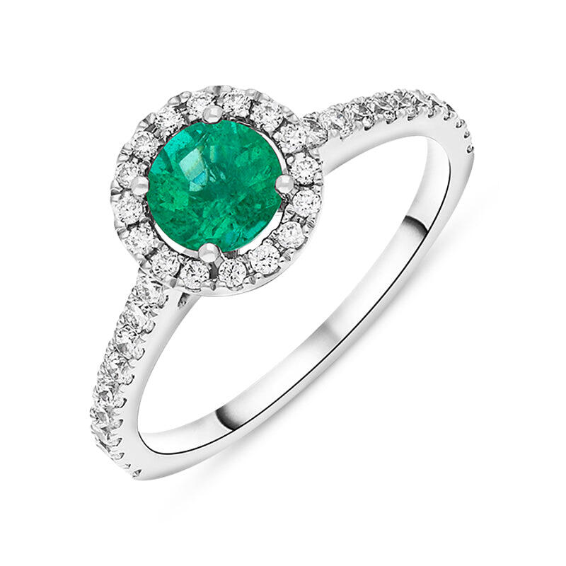Hans D Krieger 18ct White Gold Emerald Diamond Shoulder Set Round Cluster Ring - Gold