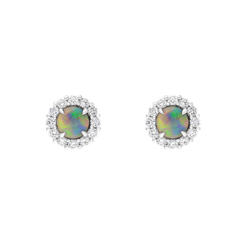 18ct White Gold 1.05ct Opal Diamond Cluster Round Stud Earrings - White Gold