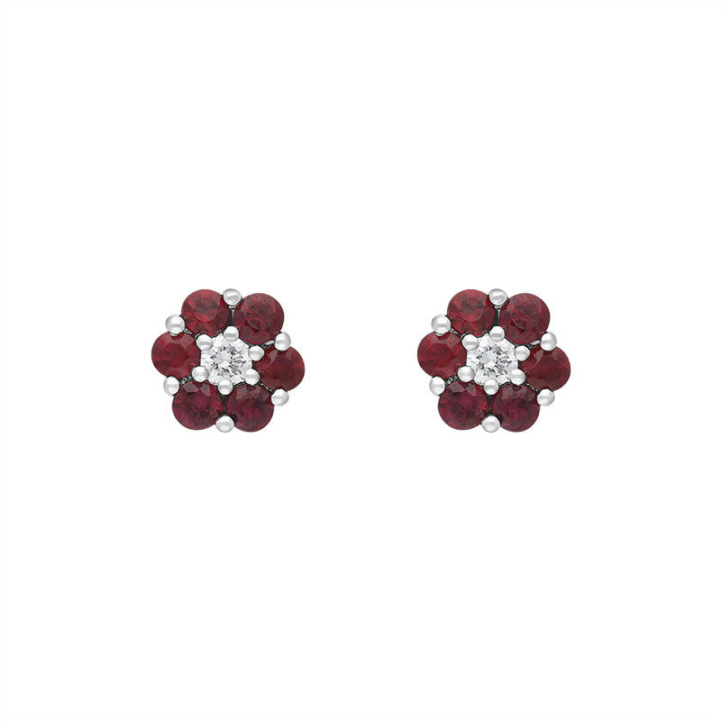 18ct White Gold Ruby Diamond Flower Stud Earrings - White Gold