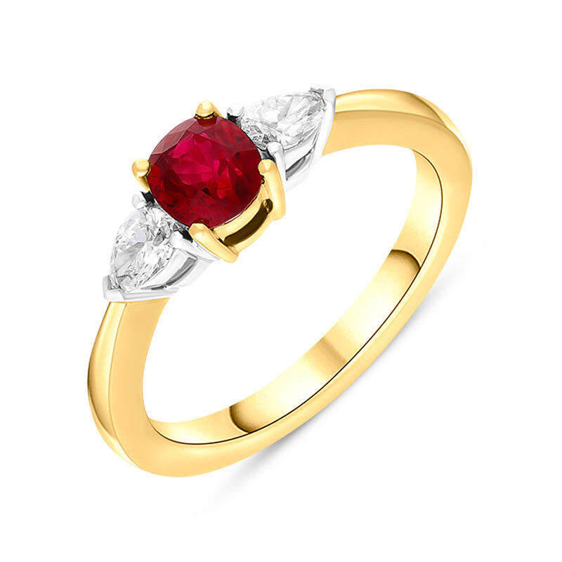 18ct Yellow Gold 0.91ct Ruby Diamond Oval Pear Cut Three Stone Ring - Yellow Gold
