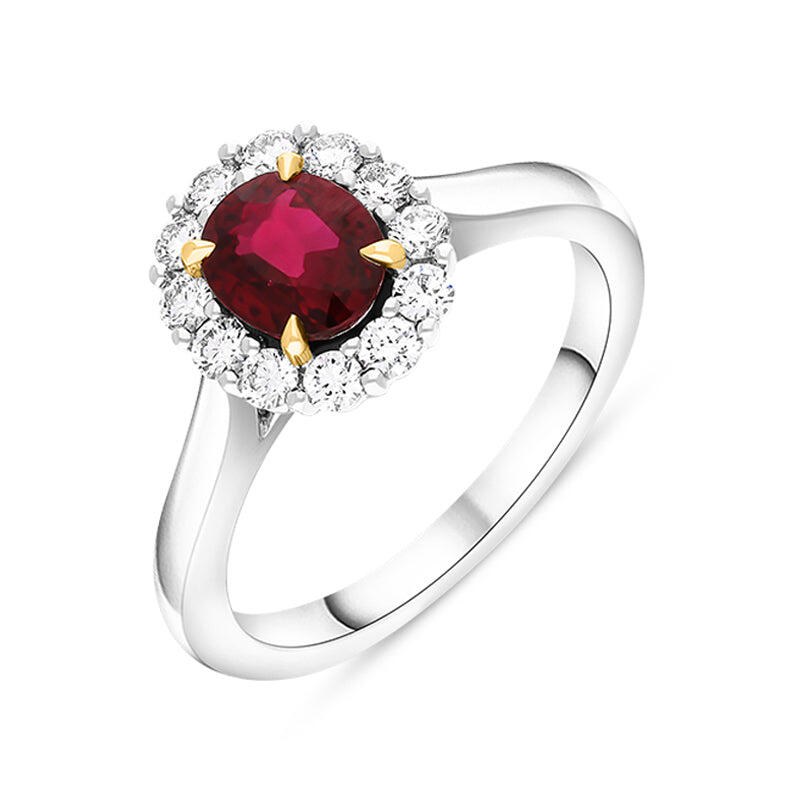 Platinum 1.16ct Ruby Diamond Oval Cluster Ring - Silver