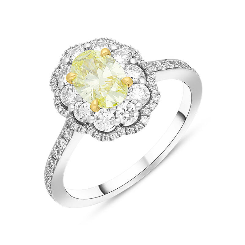 Platinum Yellow and White Diamond Oval Cluster Ring - Silver