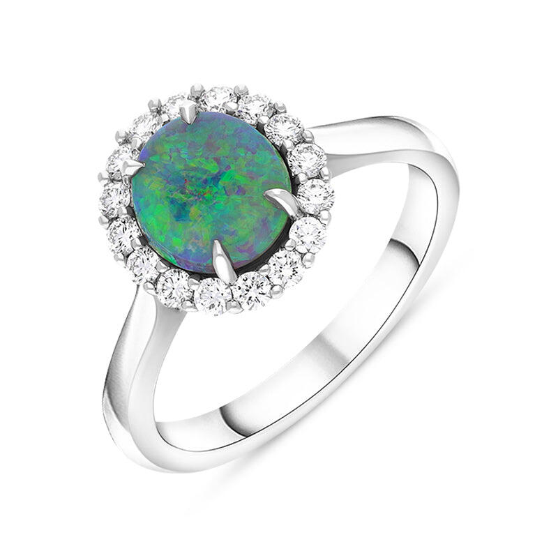 18ct White Gold Opal Diamond Oval Cluster Ring - White Gold