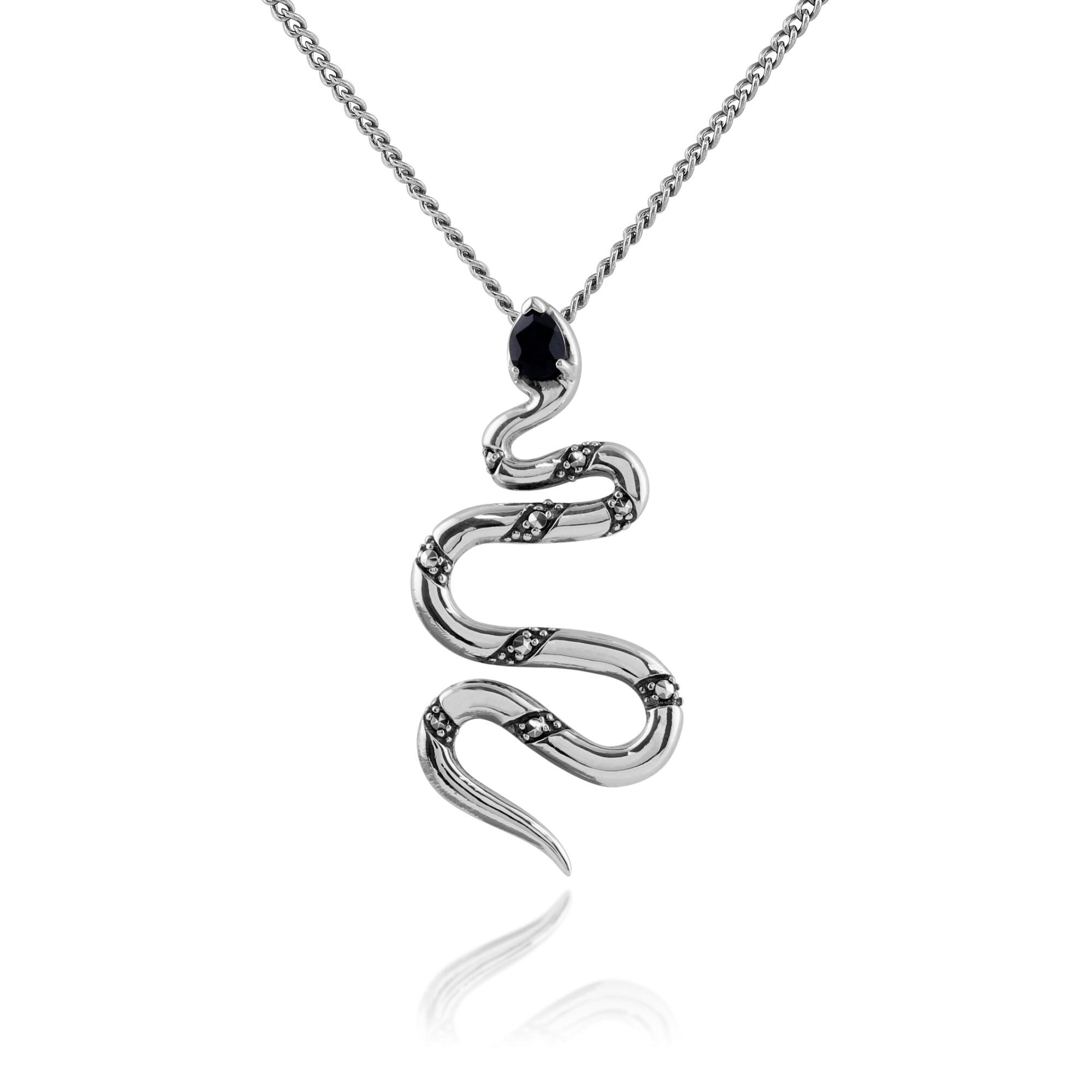 Art Deco Style Pear Black Spinel & Marcasite Snake Necklace in 925 Sterling Silver
