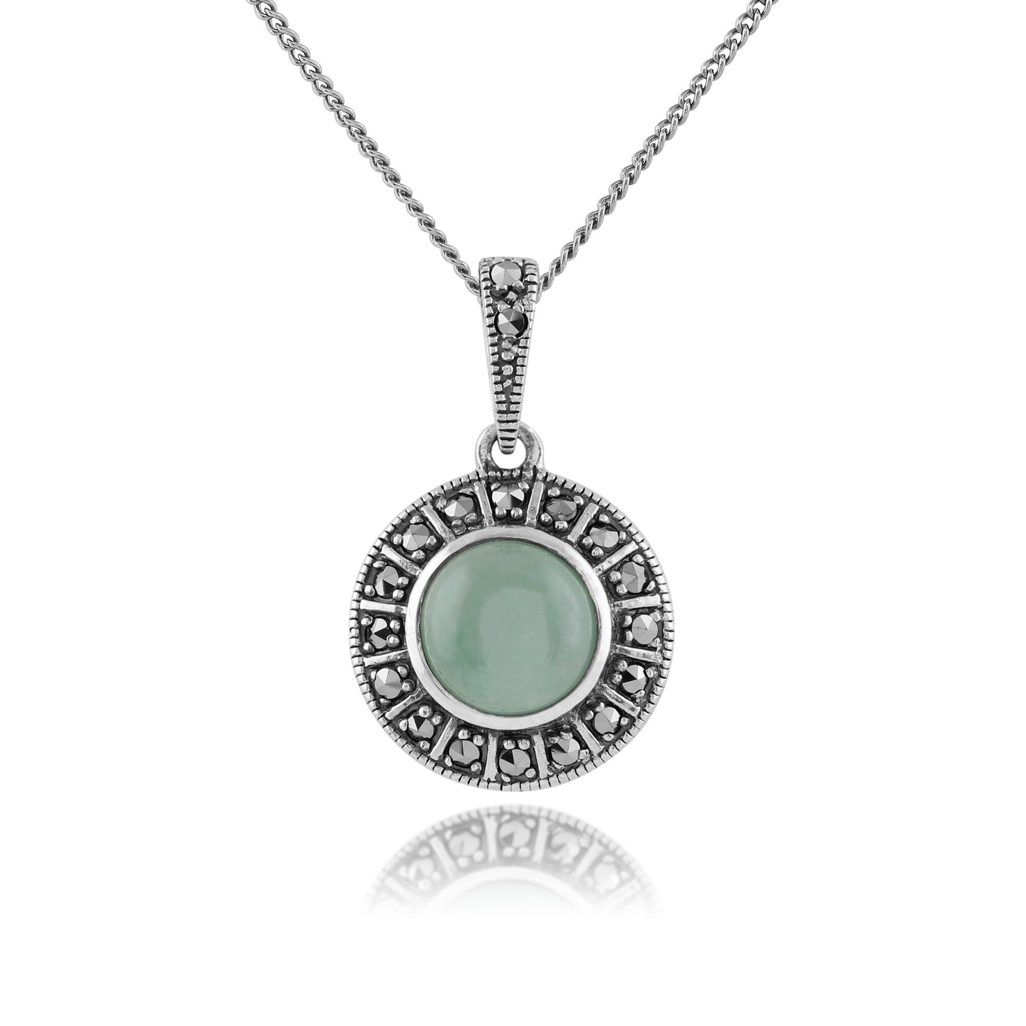 Art Deco Style Round Green Jade Cabochon & Marcasite Pendant in 925 Sterling Silver