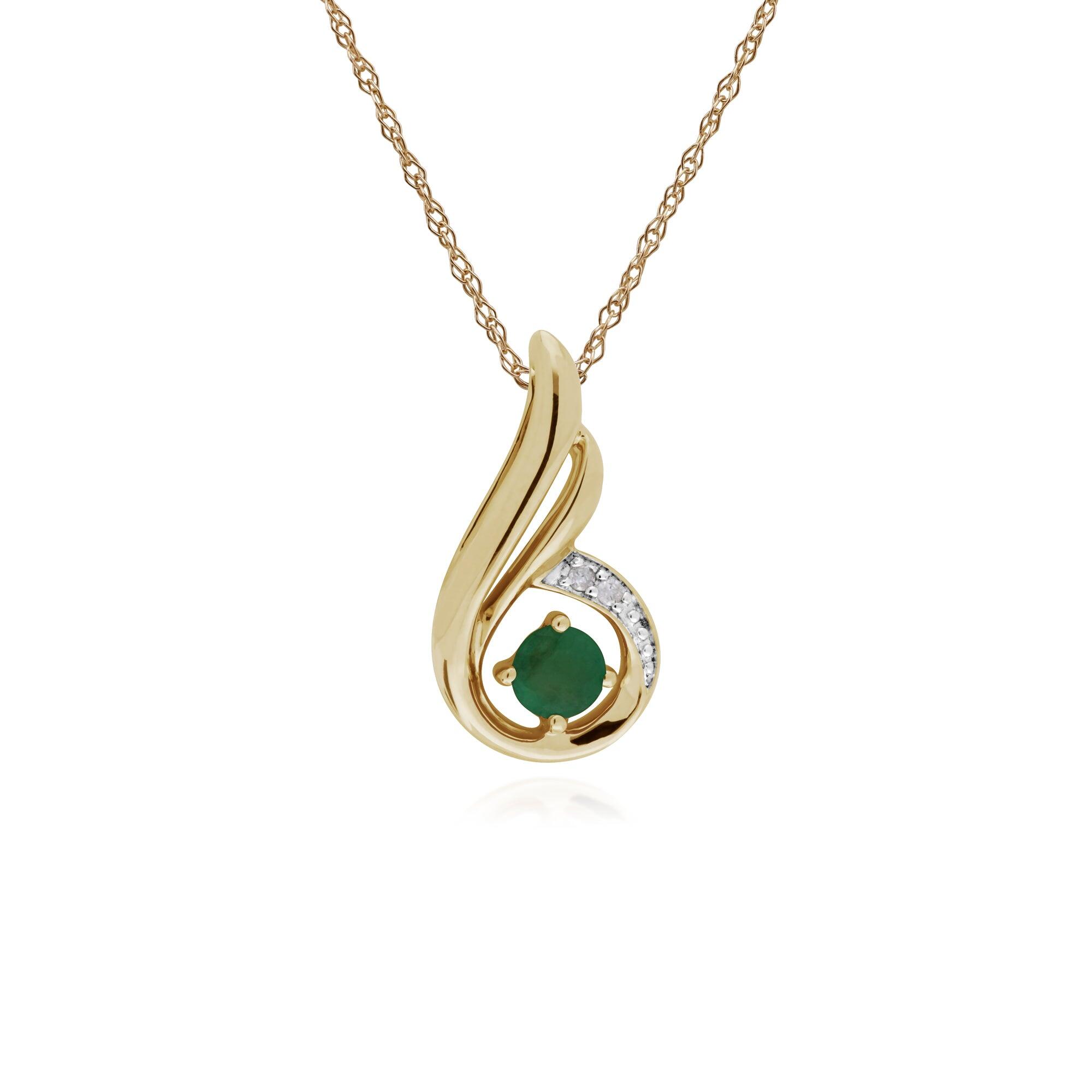 Classic Round Emerald & Diamond Spiral Drop Pendant in 9ct Yellow Gold