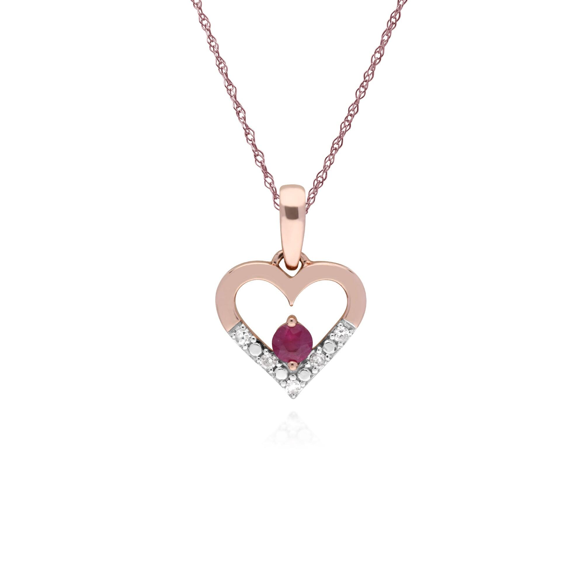 Classic Round Ruby & Diamond Love Heart Shaped Pendant in 9ct Rose Gold