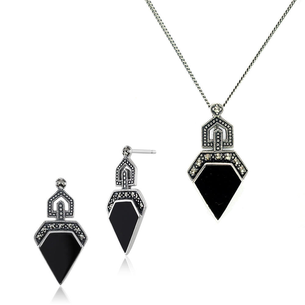Art Deco Style Style Black Onyx & Round Marcasite Stud Drop Earrings & Pendant Set in 925 Sterling Silver