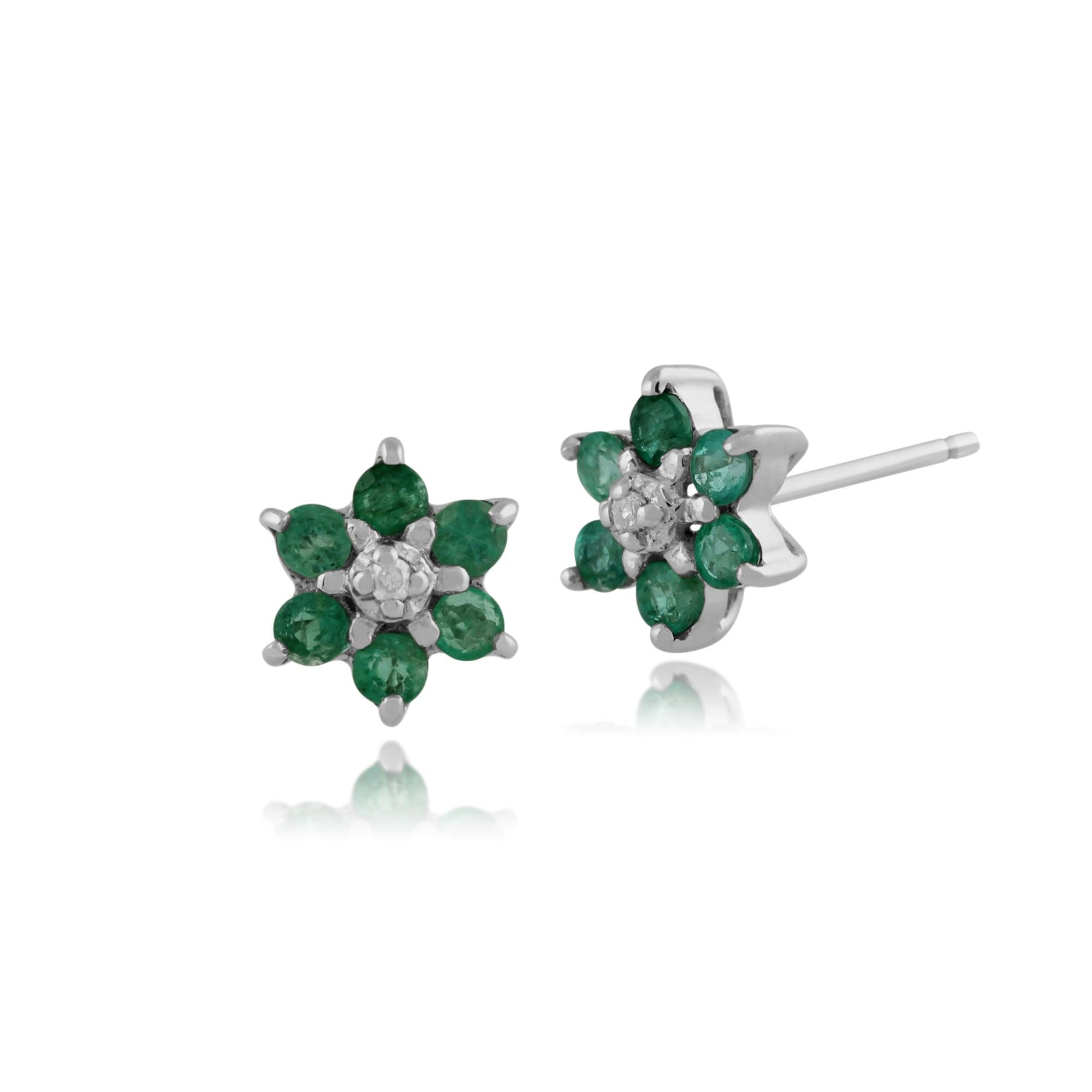 Classic Emerald & Diamond Floral Stud Earrings in 9ct White Gold