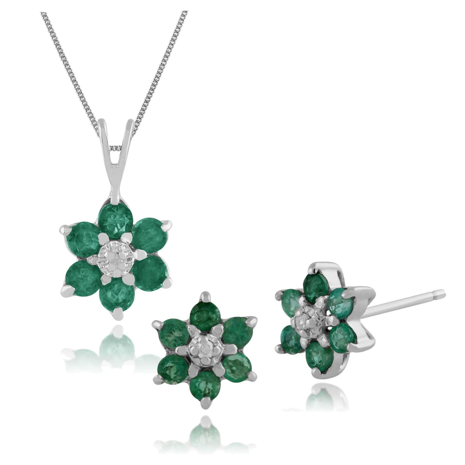 Floral Round Emerald & Diamond Flower Cluster Stud Earrings & Pendant Set in 9ct White Gold