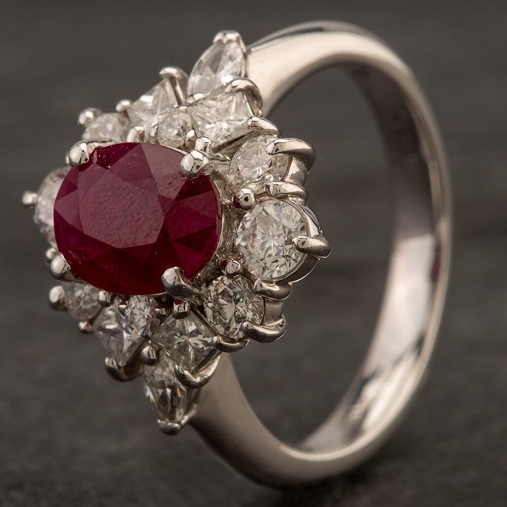 Pre-Owned 14ct White Gold Oval Diamond Ruby Cluster Ring 4229683