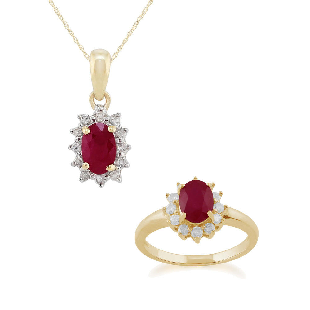 Classic Oval Ruby & Diamond Halo Cluster Pendant & Ring Set in 9ct Yellow Gold