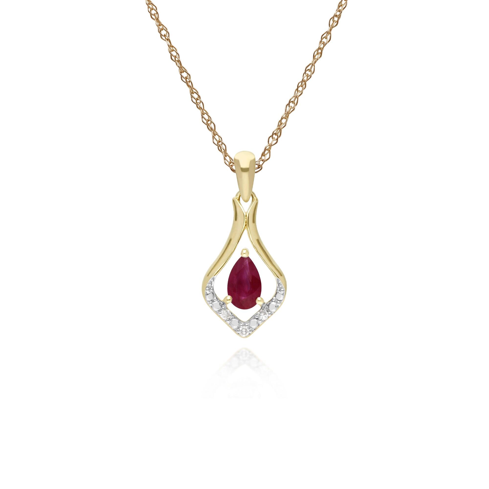 Classic Pear Ruby & Three Diamond Leaf Halo Pendant in 9ct Yellow Gold