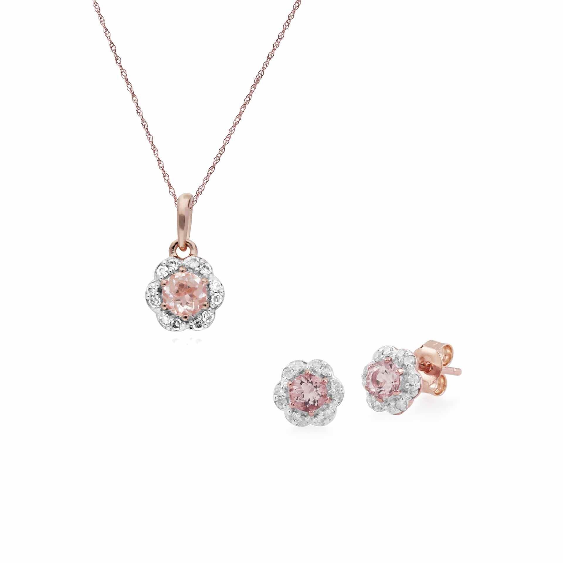 Floral Morganite & Diamond Flower Stud Earrings & Pendant Set in 9ct Rose Gold