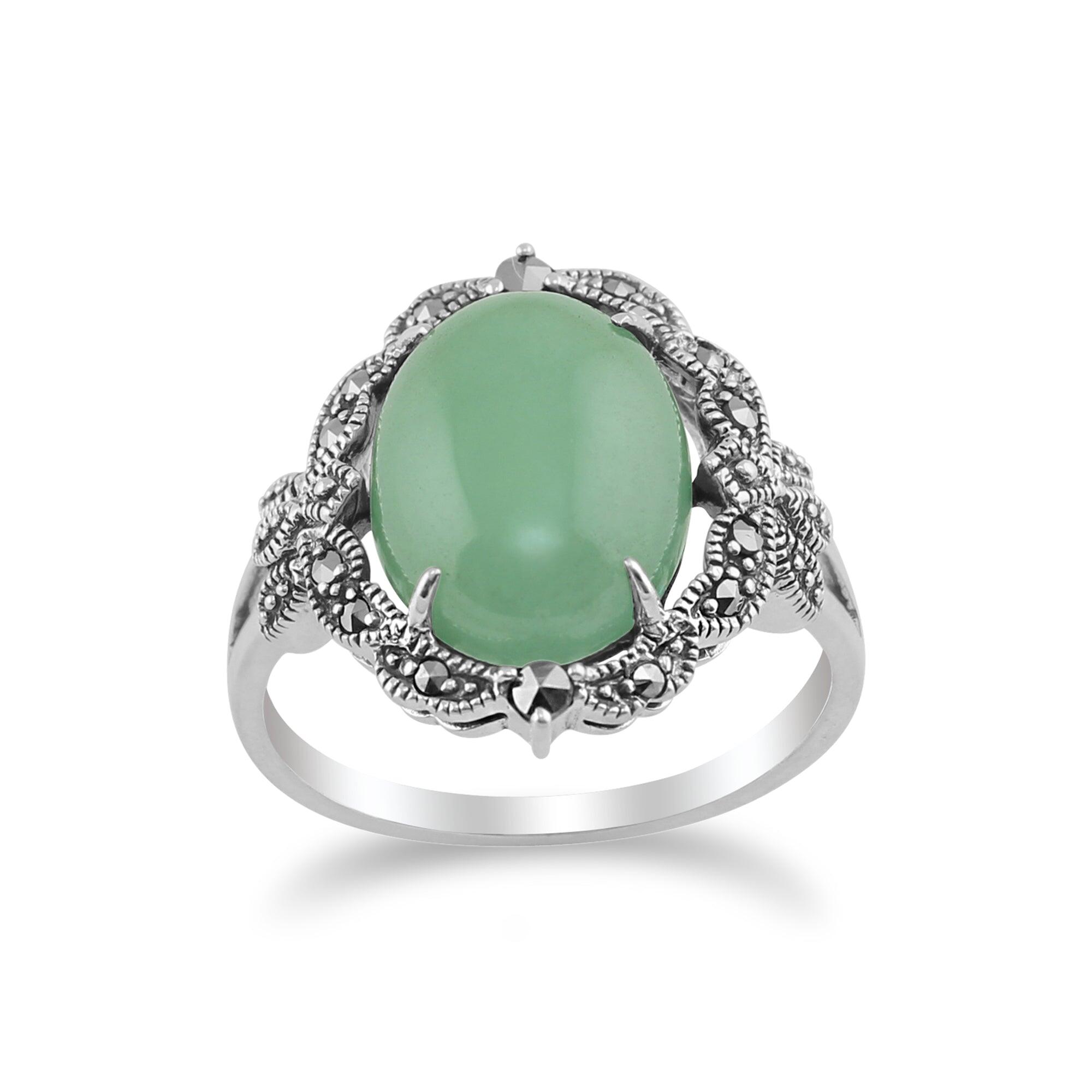 Art Nouveau Style Green Jade Cabochon & Marcasite Statement Ring in 925  Silver