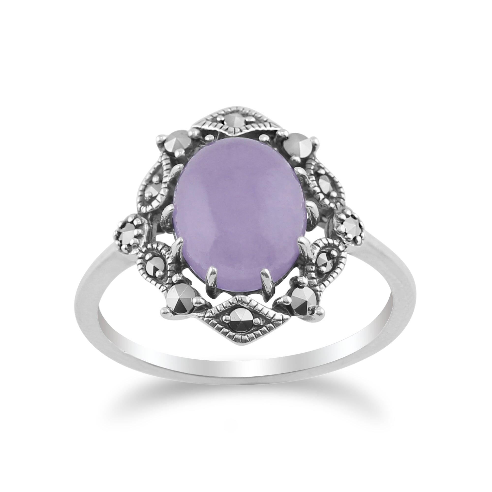 Art Nouveau Style Oval Lavender Jade Cabochon & Marcasite Statement Ring in 925 Sterling Silver