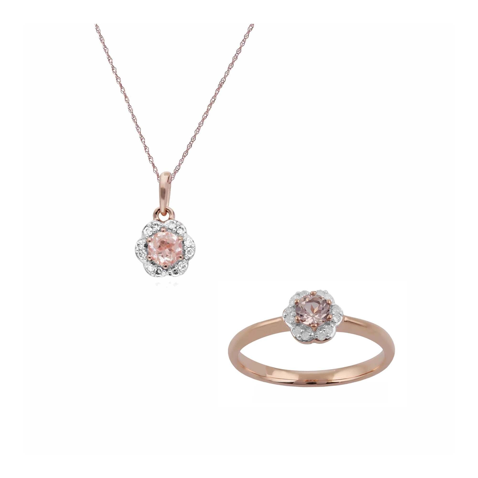 Floral Round Morganite & Diamond Pendant & Ring Set in 9ct Rose Gold