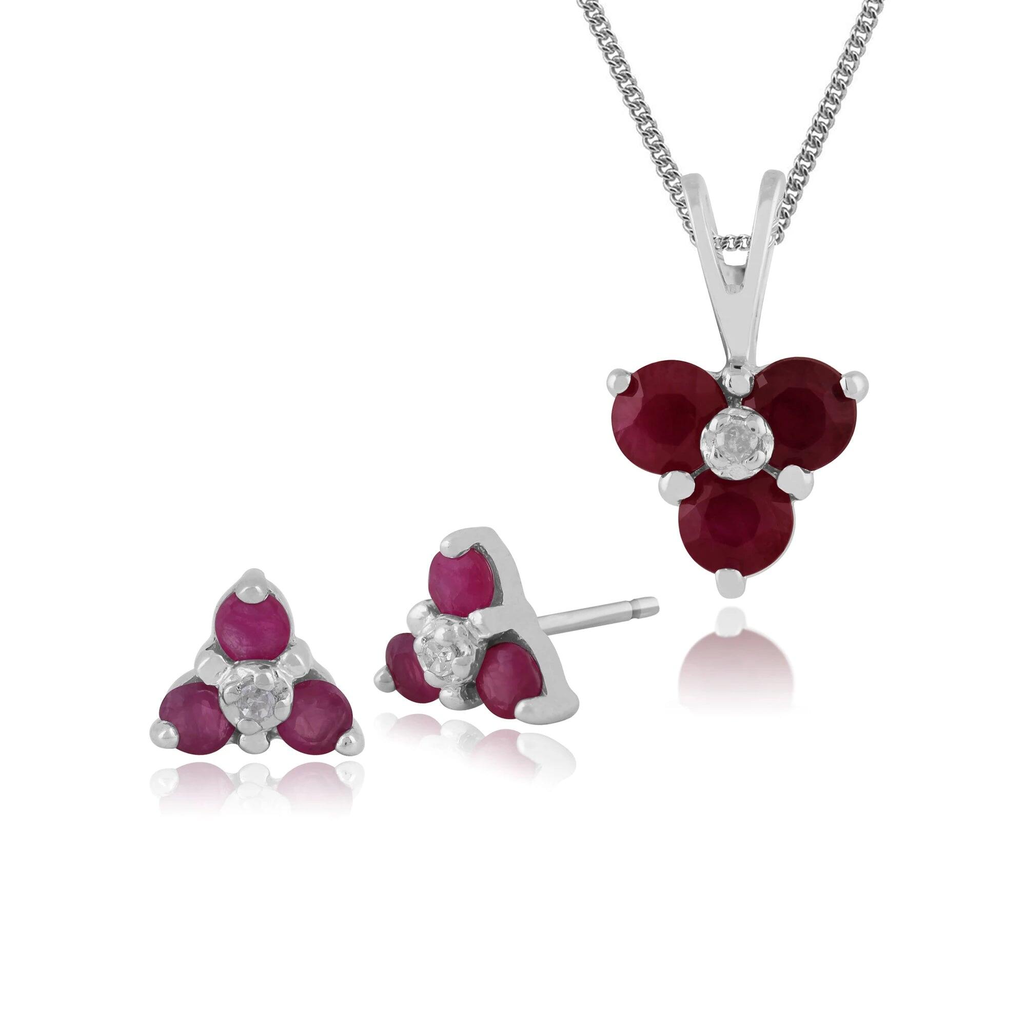 Floral Round Ruby & Diamond Flower Stud Earrings & Pendant Set in 9ct White Gold