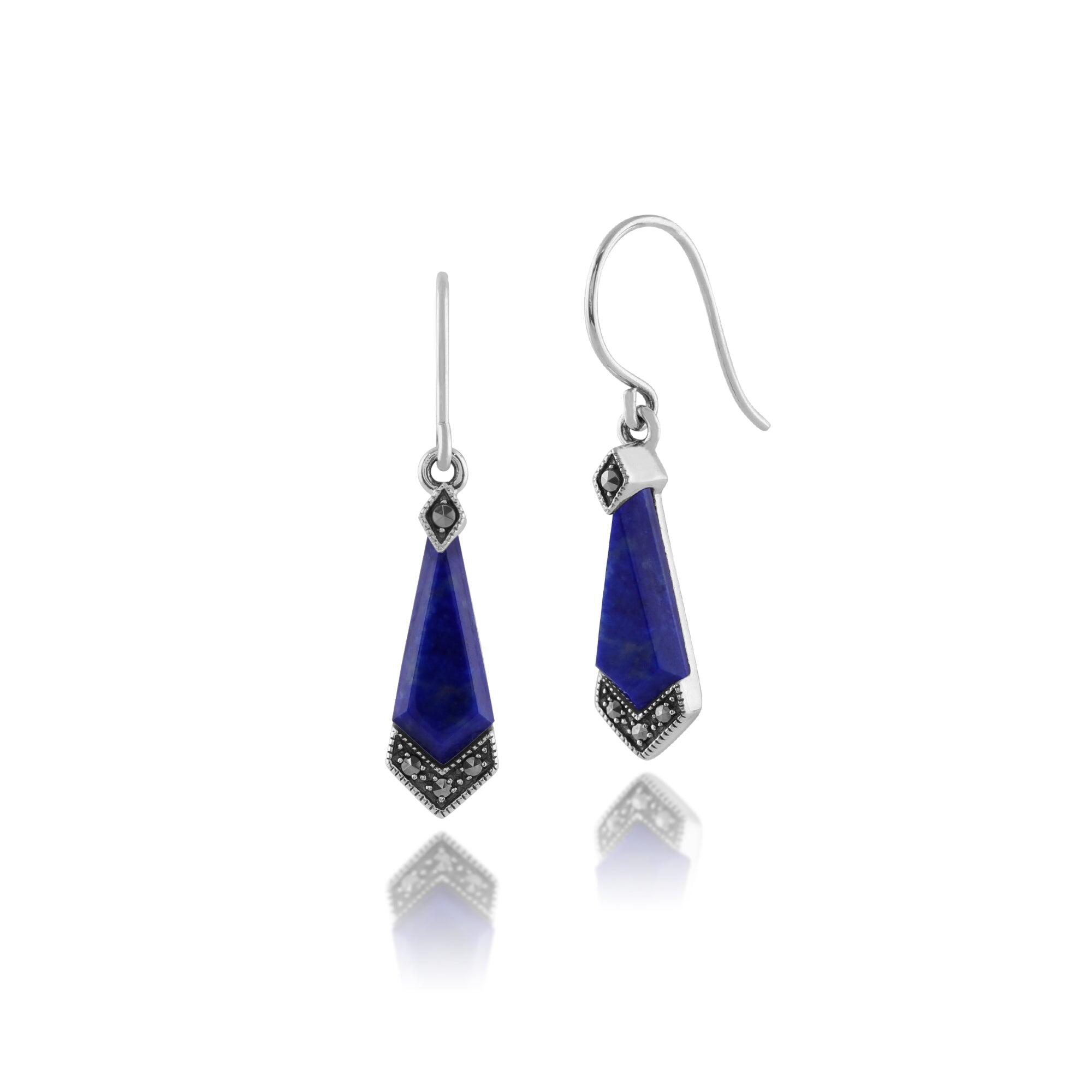 Art Deco Style Diamond Lapis Lazuli Cabochon & Marcasite Drop Earrings in 925 Sterling Silver