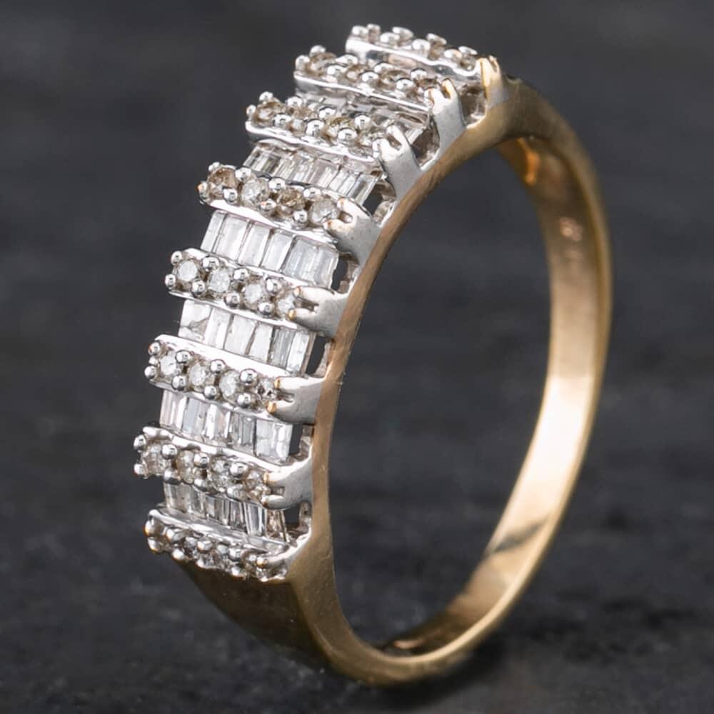 Pre-Owned 9ct Yellow Gold Diamond Baguette And Brilliant Cut Half Eternity Ring 4138882