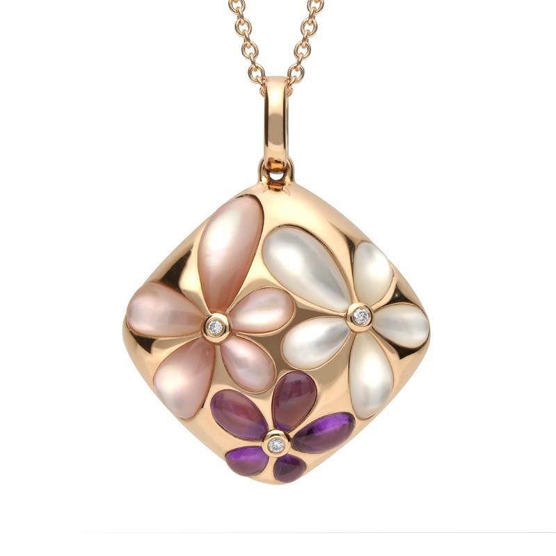 18ct Rose Gold Amethyst Mother of Pearl 0.02 Carat Diamond Necklace - Option1 Value / Rose Gold