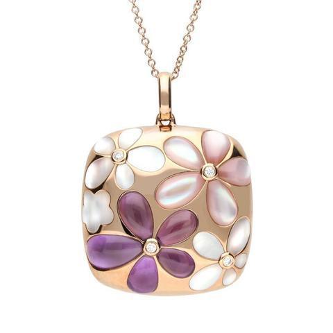 18ct Rose Gold Mother of Pearl Diamond Amethyst Flower Cushion Necklace - Option1 Value / Rose Gold