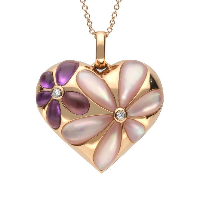 18ct Rose Gold Mother of Pearl Diamond Amethyst Heart Flower Necklace - Option1 Value / Rose Gold
