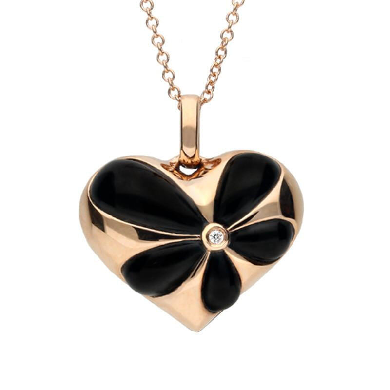 18ct Rose Gold Whitby Jet Diamond Flower Heart Necklace - Option1 Value / Rose Gold