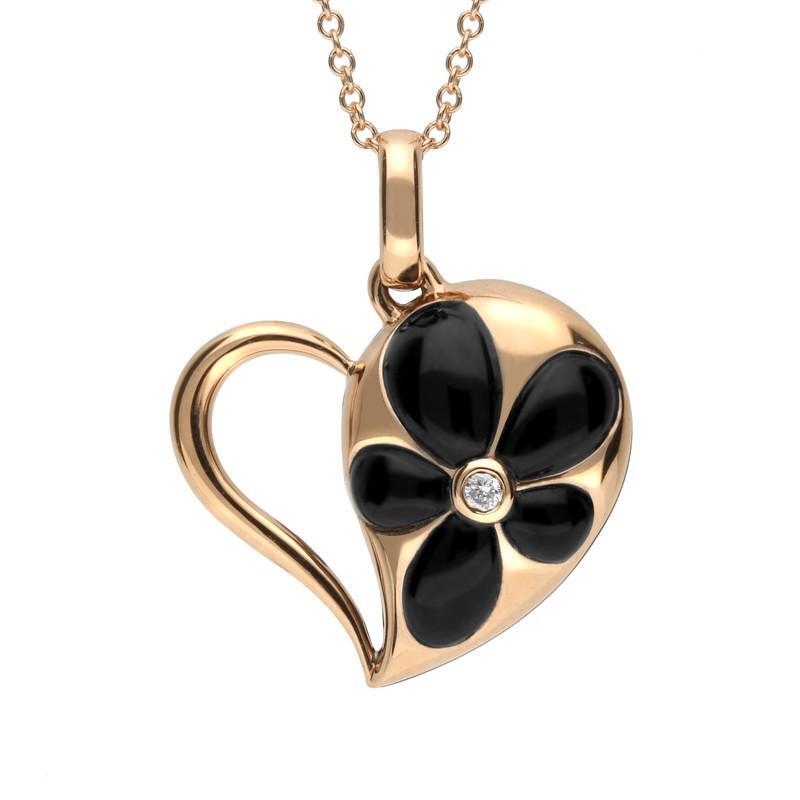 18ct Rose Gold Whitby Jet Diamond Flower Open Heart Necklace - Option1 Value / Rose Gold