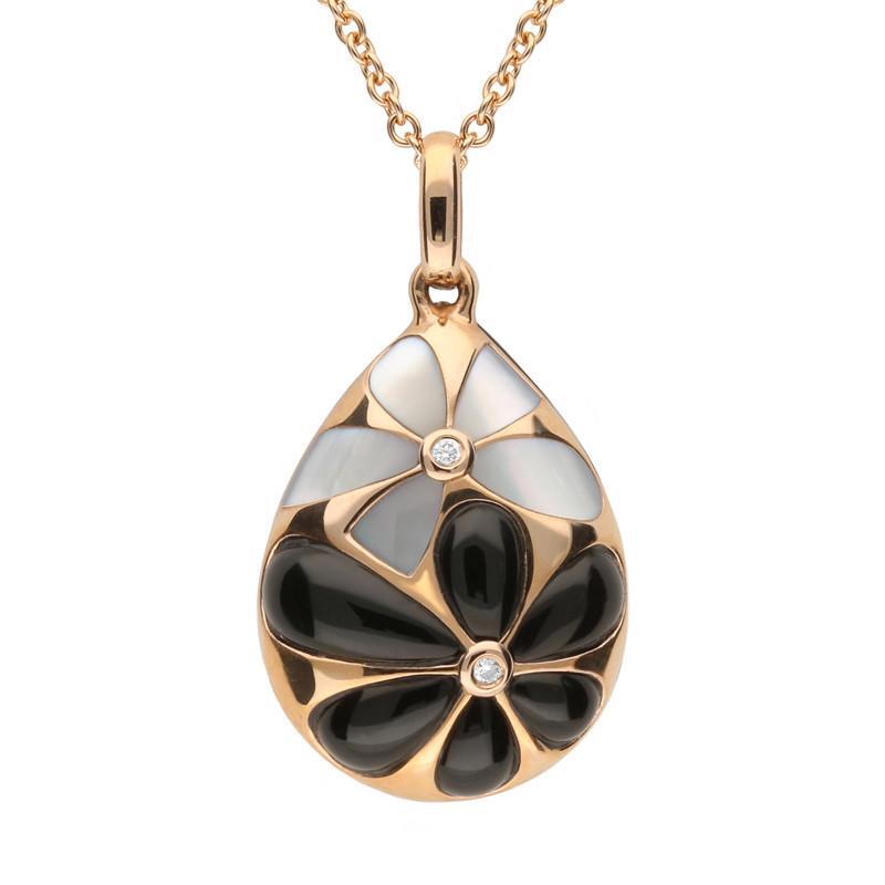 18ct Rose Gold Whitby Jet Diamond Flower Pear Drop Pendant Necklace