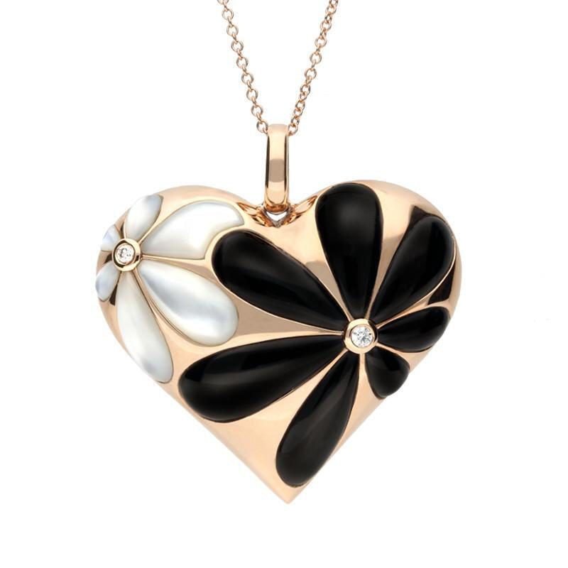 18ct Rose Gold Whitby Jet Diamond Large Flower Heart Necklace - Option1 Value / Rose Gold