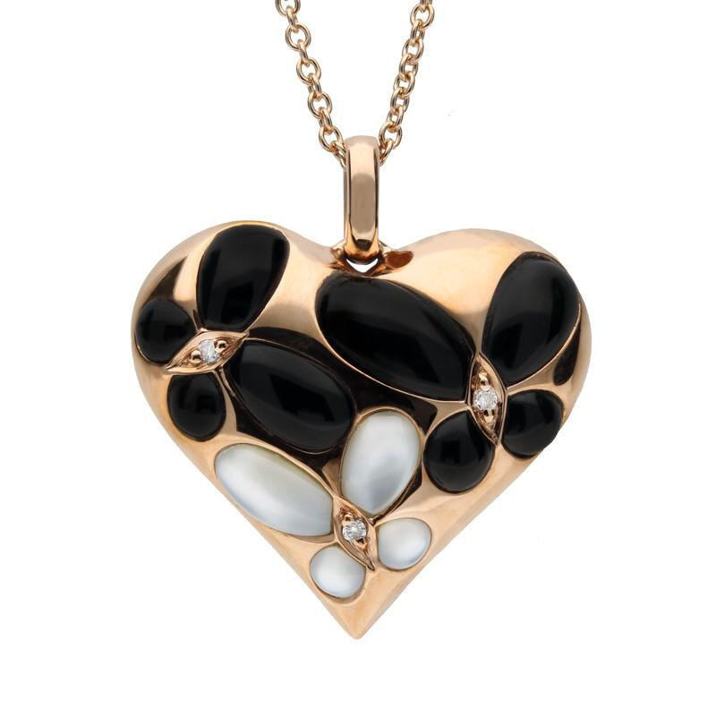 18ct Rose Gold Whitby Jet Diamond Three Flower Heart Necklace - Option1 Value / Rose Gold