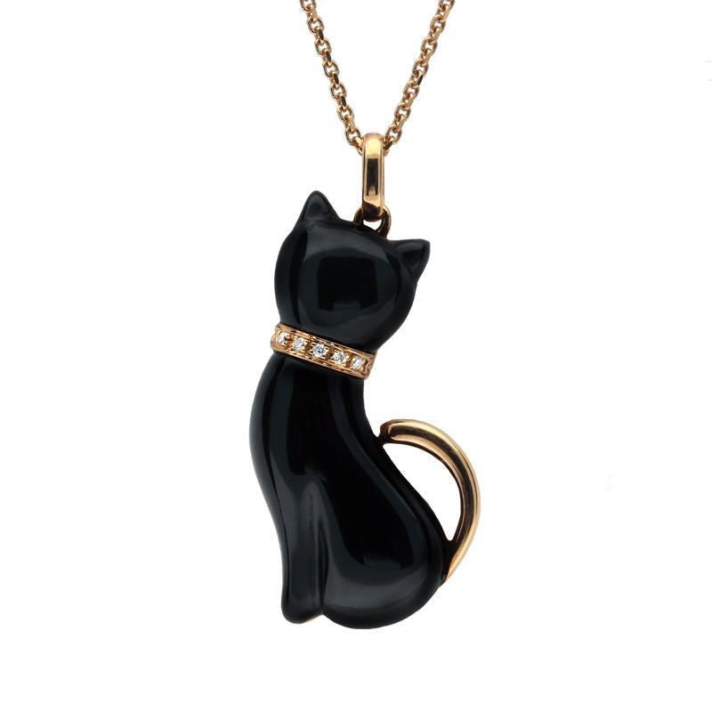 18ct Rose Gold Whitby Jet and Diamond Cat With Tail Large Necklace - Default Title / Rose Gold