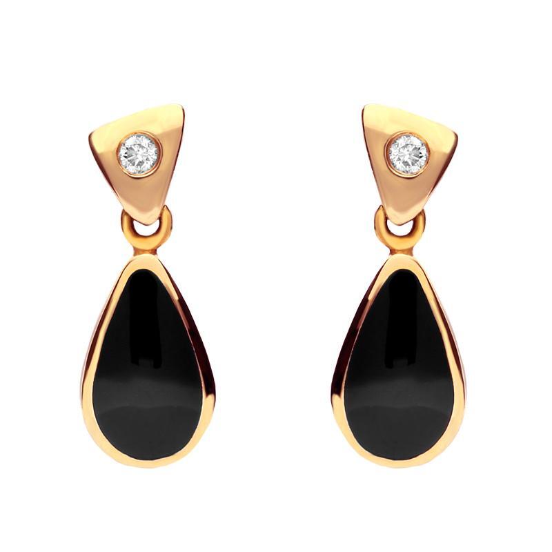 18ct Rose Gold Whitby Jet and Diamond Dinky Pear Drop Earrings