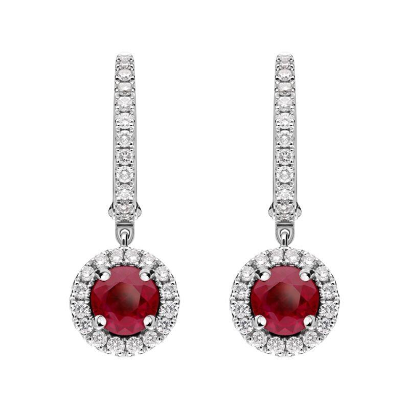 18ct White Gold 0.39ct Ruby Diamond Round Drop Earrings