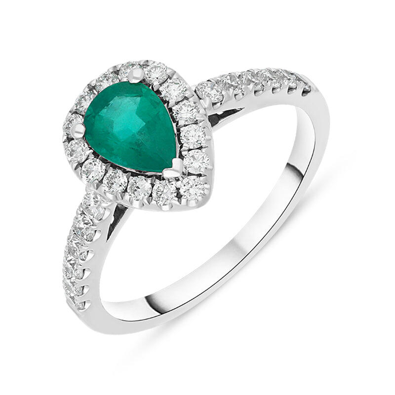 18ct White Gold 0.40ct Emerald Diamond Pear Cut Cluster Halo Ring - White Gold