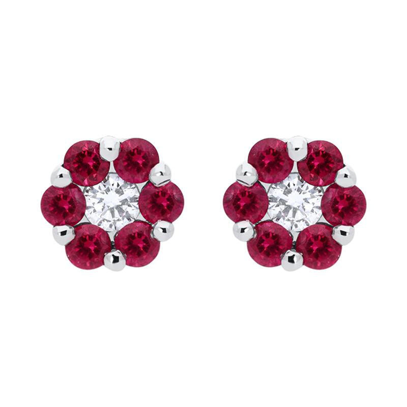 18ct White Gold 0.41ct Ruby Diamond Floral Cluster Earrings